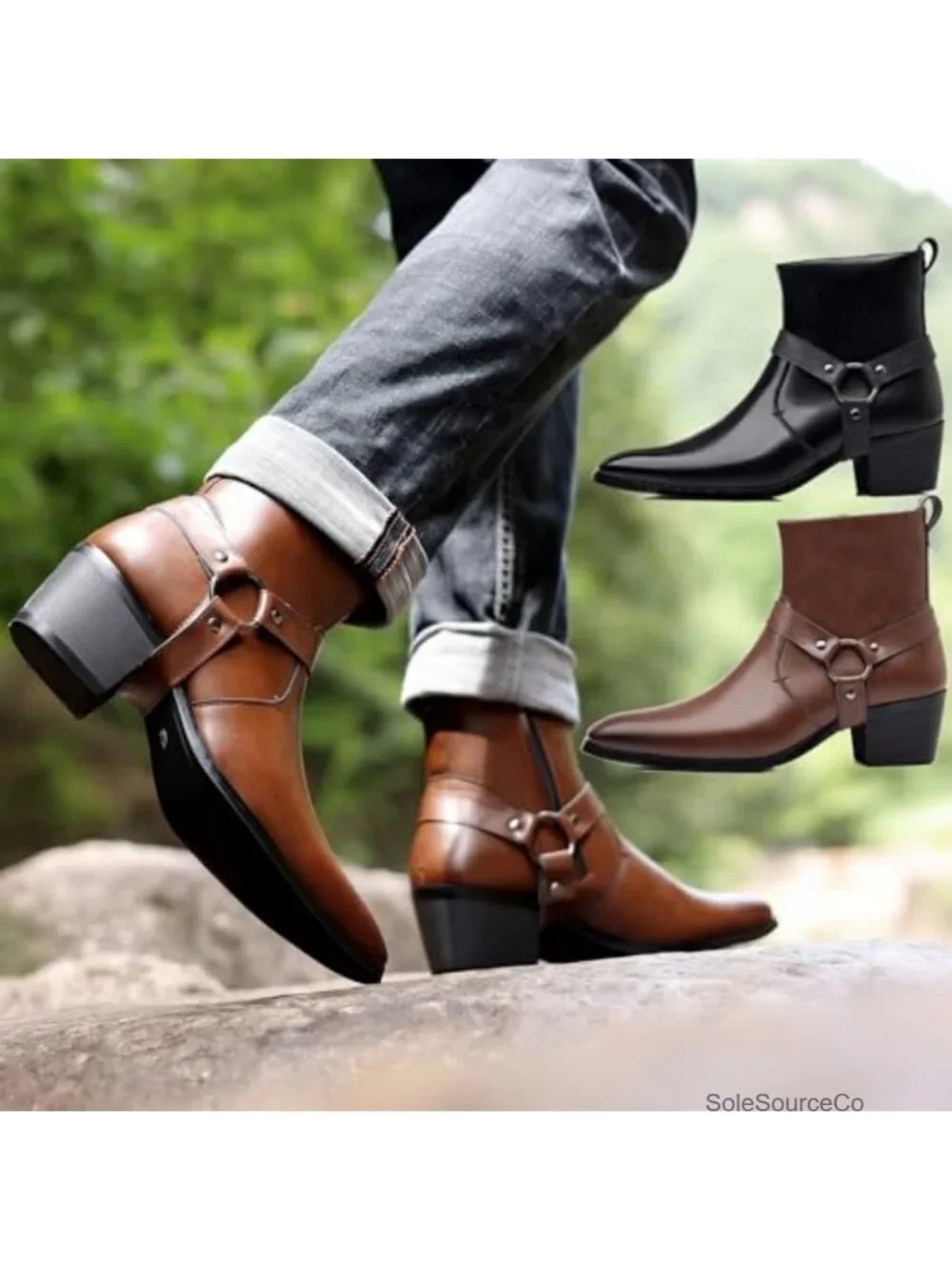 Men's Faux Leather Chunky Heel Chelsea Boots Belt Buckle Side Zipper